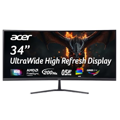 Acer Acer Nitro ED340CUR X0 34 Inch UWQHD Curved Gaming Monitor | 3440×1440 VA Panel | 200Hz (DP) | 1ms VRB | AMD FreeSync Premium | HDR10 | 1500R | 2x HDMI 2.1 + DP 1.4 | Easy Tilt | Speakers | VisionCare