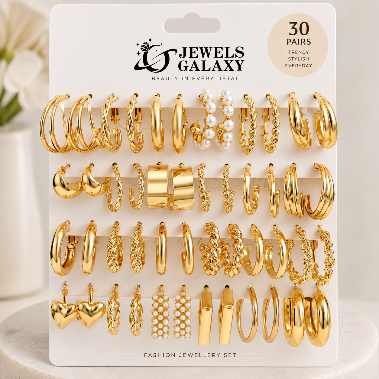Jewels Galaxy Gold Plated Stylish Pearl Hoop Earrings Set of 24