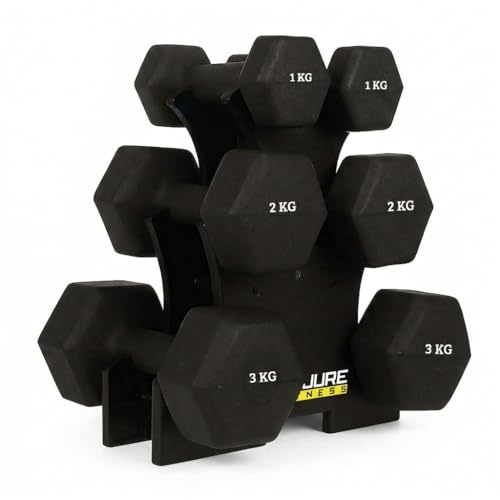 DE JURE FITNESS De Jure Fitness Dumbbell Set with Rack – 1kg, 2kg & 3kg PVC Dumbbells (3 Pairs) with Compact Stand | Home Gym Weights for Strength Training, Exercise & Space-Saving Storage – Black