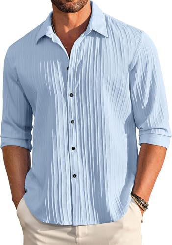 DEELMO DEELMO Men’s Casual Button Down Shirts Long Sleeve Linen Shirt Fashion Textured Beach Summer Shirt Sky Blue
