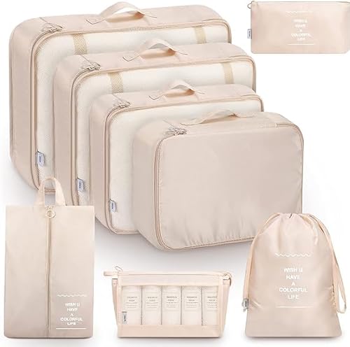 FLYNGO FLYNGO Nylon 8 Pcs Travel Organizer Pouch Packing Cubes For Clothes Space Savers Bags Cosmetics/Underwear/Socks/Shoes Toiletry Bag Laundry Organiser(Beige)