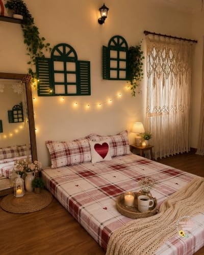 Generic Red & Cream Checkered Double Bedsheet with Heart Cushion Combo, Stylish Printed Bed Cover with Decorative Heart Pillow, Cozy Bedroom Home Decor Set