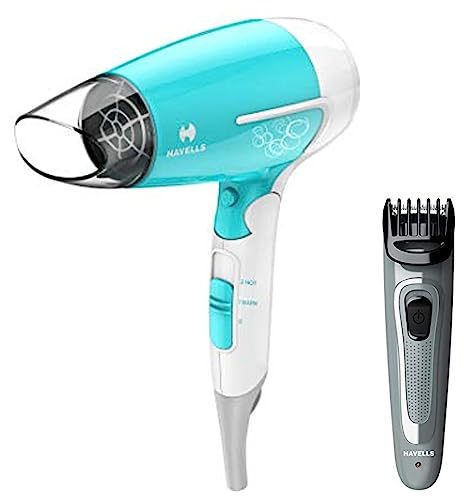 Havells Havells HD3151 1200 Watts Foldable Hair Dryer; 3 Heat (Hot/Cool/Warm) (Turquoise) & Havells BT5100C Rechargeable Beard Trimmer with Hypoallergenic Blades (Grey)