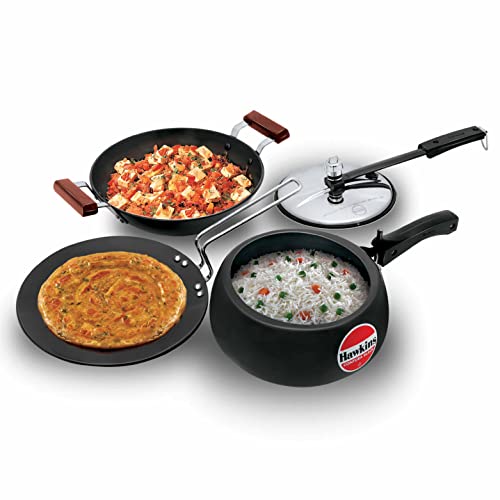 Hawkins Hawkins Triniti Kitchen Set (Tava, Deep-Fry Pan, Inner Lid Pressure Cooker), Black (PCWSET1), Hard Anodised Aluminium