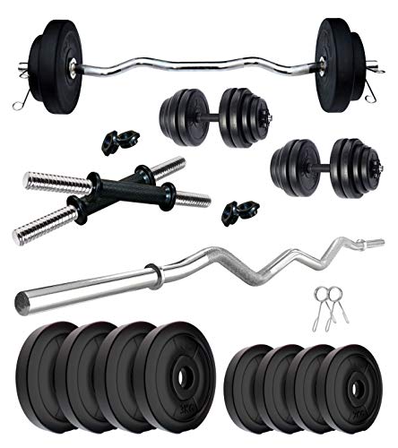 KORE FITNESS Kore PVC 20 Kg Home Gym Set with One 3 Ft Curl Rod and One Pair Dumbbell Rods, Multicolour