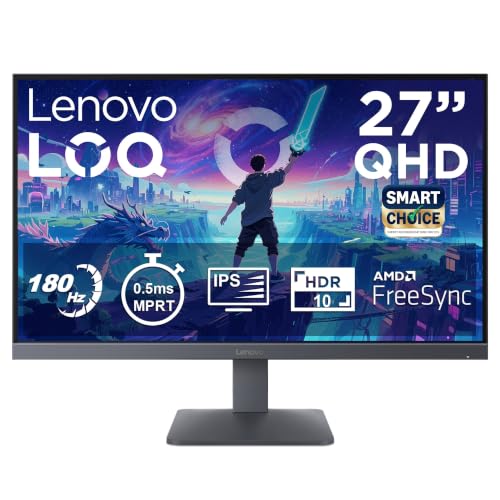 Lenovo Lenovo LOQ 27Q-10 (Smartchoice) | 27″ (68.5cm) QHD (2560×1440) IPS 180Hz Gaming Monitor | 0.5ms, HDR10 Compliance, AMD FreeSync, 99% sRGB, 2xHDMI 2.1 TMDS, 1xDP 1.4| Tilt | Lunar Grey | 68F3GACBIN