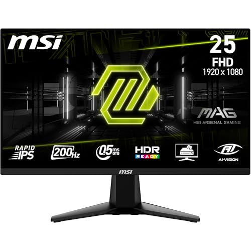 MSI MSI MAG 255F E20 24.5-Inch (62.23cm) FHD 1920×1080 Gaming Monitor, Rapid IPS, 200Hz, 0.5ms, HDR Ready, AMD FreeSync Premium, AI Vision, HDMI 2.0b, DP 1.2a, Frame-Less, Black