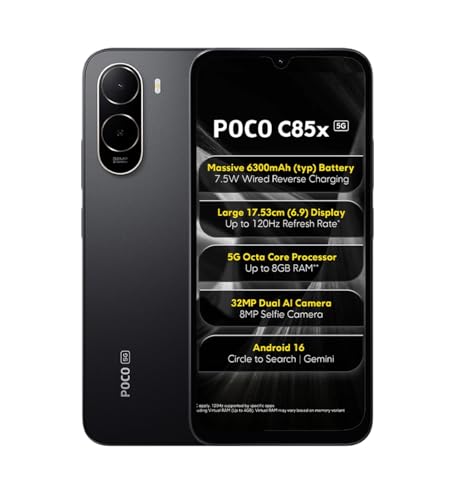 POCO Poco C85x 5G Smartphone, Elite Black, 6.9 Inch Display, 32MP Dual AI Camera, 6300mAh Battery, 64GB Storage, 4GB RAM, Android 16