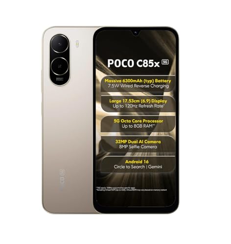 POCO Poco C85x 5G Smartphone, Sunset Gold, 6.9 Inch Display, 32MP Dual AI Camera, 6300mAh Battery, 64GB Storage