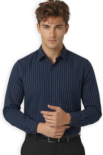 Peter England Peter England Men’s Slim Fit Full Sleeve Striped Formal Shirt | Cotton Rich | Wonder Fabric | Pin Point Oxford Navy