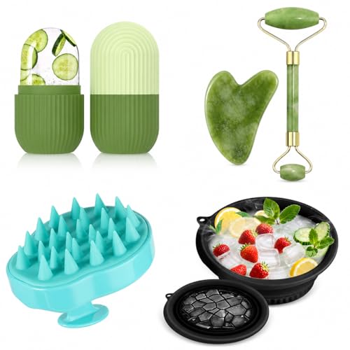 VEDORA SALES VEDORA 4 in 1 Skincare Combo Kit for Men & Women | Ice Roller + Ice Facial Bowl + Jade Roller & Gua Sha + Silicone Body Scrubber | Face & Body Care Set