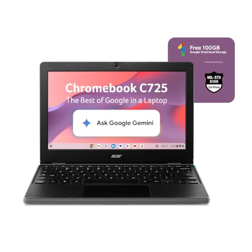 Acer Acer Chromebook, MediaTek Kompanio 540 Octa-Core Processor, 4GB RAM, 64GB eMMC, Full HD, 11.6″/27.94cm Display, Chrome OS, Black, 1.2 KG, C725, Arm Mali G57 Graphics, WiFi 6E Laptop