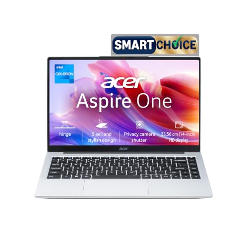 Acer Acer Smartchoice Aspire One, Intel Core Celeron N4500, 12GB LPDDR4 RAM/ 256GB SSD, 14.0″/35.56cm WXGA Display, Intel UHD Graphics, Win 11 Home, Pure Silver, 1.3 Kg, A114-45, Thin and Light Laptop