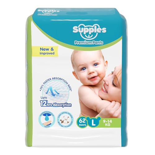 Amazon Brand – Supples Amazon Brand – Supples Premium Baby Diaper Pants | 62 Baby Diapers | Large | 9-14 Kg | 12 Hrs Absorption | Cushiony Cotton Soft Fabric | Phthalates-Free | Triple Leak Guard