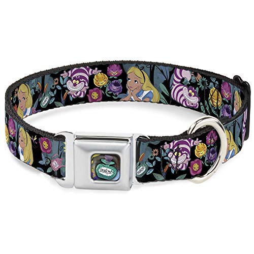Buckle-Down Buckle-Down Dog Collar Seatbelt Buckle Alice Cheshire Cat Flowers Poses Black Multi Color, Multicolor, 1″ Wide – Fits 15-26″ Neck – Large (DC-WDY279-L)
