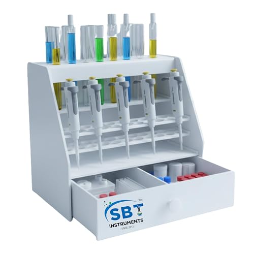Generic SBT INSTRUMENTS® Micropipette Stand for 6 Pipettes with Drawer & Test Tube Rack for 22 Test Tubes | Laboratory Pipette Holder Stand White | Lab Equipment Organizer (Pack of 1)