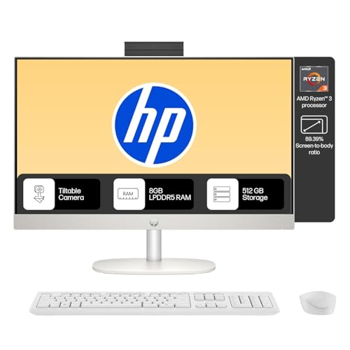 HP HP AIO 24, AMD Ryzen 3 7320U,8GB LPDDR5, 512GB SSD (Win11,Office24) Anti-Glare, FHD, 23.8inch(60.5 cm), 510SP White Wireless Keyboard and Mouse Combo,Radeon Graphics,White, 5.27kg,24-cr0014in/cr0016in