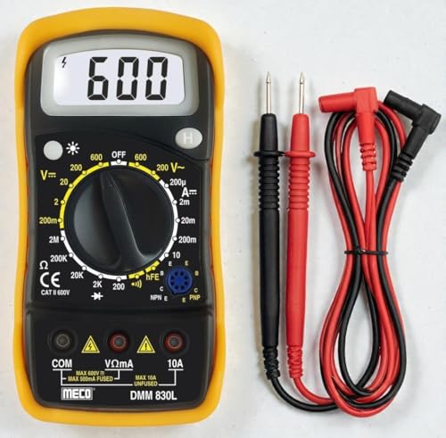 Hty MECO DMM 830L Digital Multimeter with Backlight LCD & Data Hold | AC/DC Voltage, DC Current, Resistance, Transistor Tester | Pocket Size Multitester