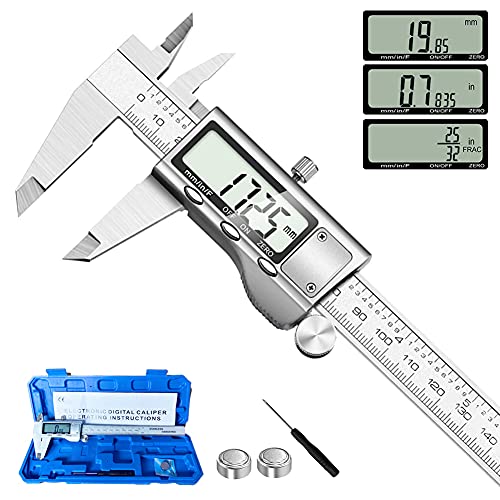 Jiavarry Digital Caliper Measuring Tool, Stainless Steel Caliper Digital Micrometer with Large LCD Screen, Easy Change of Inch Metric Fraction, 6 Inch Caliper Tool for DIY/Household