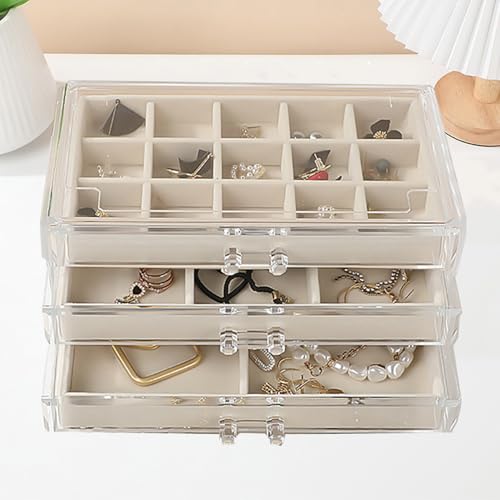 Jinavoty Jinavoty Acrylic Jewellery Organiser Box with Velvet Trays,Clear earring storage organizer for Women,Jewelry Organiser for Earrings Ring Bracelet Necklace (Beige, 3 Drawers)