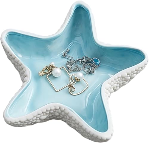 KPNG KPNG Ceramic Jewelry Tray, Aqua Shell Trinket Dish Ceramic Ring Earring Holder Ocean-themed Decorative Trinket Plate for Rings Earrings Necklaces Bracelet Jewelry Watch Keys, Starfish, 1