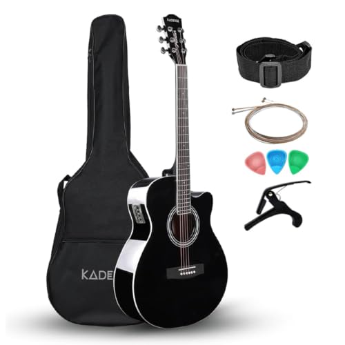 Kadence Kadence FNTR-BLKEQC Frontier 40″ Electro Acoustic Guitar | Grand Auditorium Cutaway | Built-in Pickup + 3 Band EQ | Comes with Bag, Set of Strings, Strap, Picks, Capo & Learning Course | Black