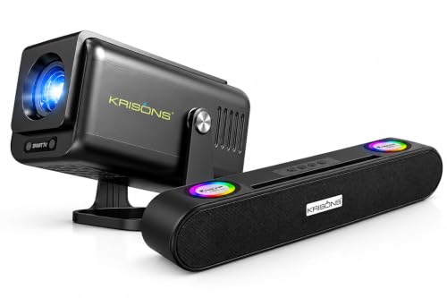 Krisons Krisons-Zytel 002 Smart Android Projector with Free 20 Watts SoundBar, WiFi 6 & 5.4 Bluetooth| Full HD Supprot |Upto 200″ Screen|Auto Focus/Keystone |Built in Apps/MIRRORING| Home Theatre Bundle