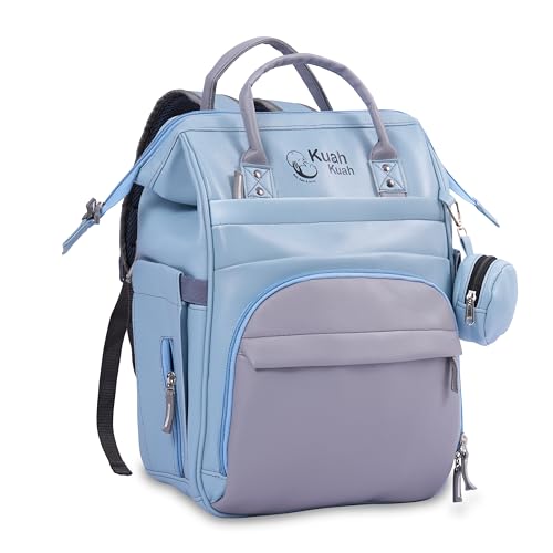 Kuah Kuah Vegan Leather Diaper Bag Backpack for Mom & Baby, Large Capacity Maternity Bag with USB Charging Port, Insulated Bottle Holders, Wet & Dry Compartment, Stroller Straps & Tablet Pocket, Baby Travel Bag