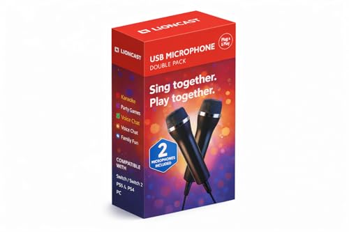 Lioncast Lioncast® USB Microphone Set of 2 for PS5 / PS4, PC, Xbox, Wii, Nintendo Switch – USB Microphone for Singstar, Lets Sing, Voice of Germany and Karaoke – Universal USB Microphone Switch – Playstation Accessories