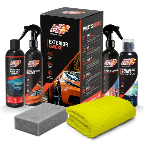 MOTOROCTANE MotorOctane Car Exterior Care Kit with Snow Foam Shampoo | Microfiber Cloth | Nano Ceramic Coating | Glass Cleaner | Windshield Washer | Car Cleaning, Shine & Protection Kit | 5-in-1