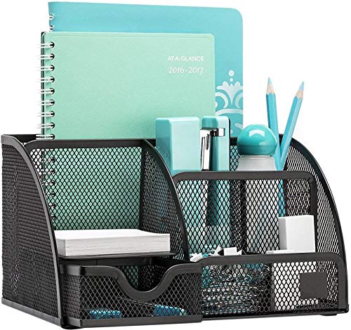 MeRaYo MeRaYo Metal Mesh Desk Organizer Pen Stand with 6 Compartments – Keeps Pens, Scissors and Stationery Tidy for Office, Study Table and WFH Desk Setup (Black color)