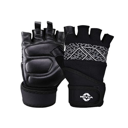 Nivia Nivia Pro Grip Gym Gloves for Men & Women, Leather Gloves with Neoprene Wrist Support, Towel Fabric Thumb, Ideal for Gym Workouts, Weightlifting, Dumbbells & Home Fitness Equipment (Black, S)