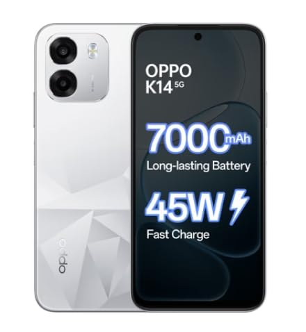 OPPO OPPO K14 5G Smartphone, Prism White, 6GB RAM, 128GB Storage, 7000 mAh Battery, 45W Fast Charge