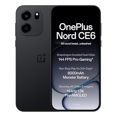 OnePlus OnePlus Nord CE6 | 8GB+128GB | Pitch Black | Snapdragon 7s Gen 4 | Segment’s Fastest Touch Response | 8000mAh Battery | 144Hz 1.5K AMOLED Display | 50MP Main + 32MP Selfie 4K Cameras | IP66,68,69,69K