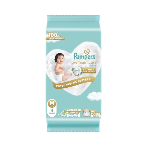 Pampers Pampers Premium Care Pant Style Baby Diapers M 4 Count | No Marks Design | Voted India’s #1 Softest Diaper | All in 1 diaper with 360 Cottony Softness