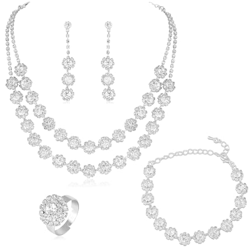 Peora Peora Silver Plated Crystal Studded Two Layer Necklace with Drop Earrings Bracelet Ring Set Fashion Jewellery Gift for Women & Girls