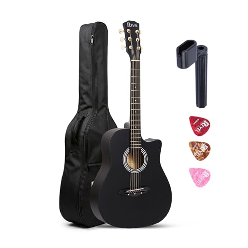 REVEL Revel 38 Inch Acoustic Guitar Cutaway Wooden Guitar with High-Gloss Finish, Steel Strings, Smooth Tuning Pegs, Includes Carry Bag, Picks & Sting winder Guitar for Adults. (BLACK)