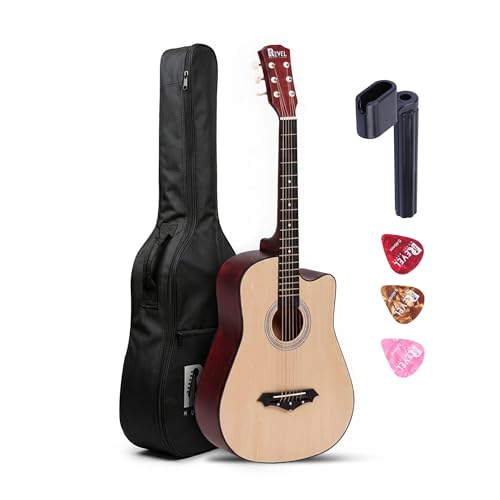 REVEL Revel 38 Inch Acoustic Guitar Cutaway Wooden Guitar with High-Gloss Finish, Steel Strings, Smooth Tuning Pegs, Includes Carry Bag, Picks & Sting winder Guitar for Adults. (NATURAL)