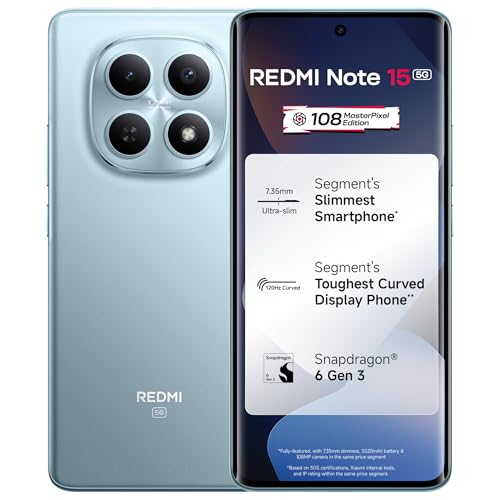 Redmi REDMI Note 15 5G (Glacier Blue, 8GB RAM 128GB Storage) | 108MP OIS Camera | Snapdragon 6 Gen 3 | 17.2cm Tough Curved AMOLED Screen | Segment’s Slimmest Phone | 5520mAh Si/C Battery | 45W Fast Charging