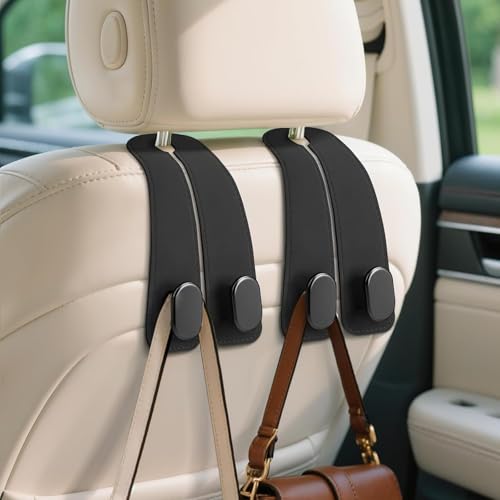 SINGARO SINGARO 4 Pack Car Seat Headrest Double Hooks Leather Car Back Seat Headrest Hooks for Purses, Bags and Handbags, Car Organization Accessories