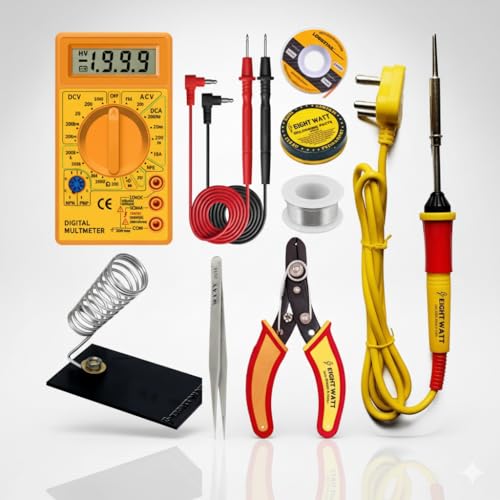 SP ELECTRON SP Electron 8-in-1 Electronics Repair & Soldering Tool Kit – Digital Multimeter, 25W Soldering Iron, Wire Cutter, Tweezers, Stand, Solder Wire, Desoldering Wick & Test Leads for DIY Electronics