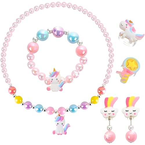 SYGA SYGA Children’s Five-Piece Set Jewelry Set for Girls, Necklace, Earrings, Bracelet and Ring For Kids, Girl, Gift, Party (Unicorn Pink)