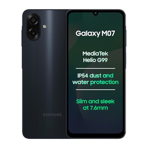 Samsung Samsung Galaxy M07 Mobile (Black, 4GB RAM, 64GB Storage) | MediaTek Helio G99 | AnTuTu 624K | IP54| 50MP Camera | 7.6mm Slim | 5000mAh Battery | 25W Fast Charging | 6 Gen OS Upgrades | Without Charger