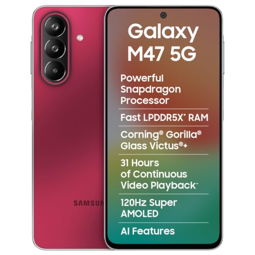Samsung Samsung Galaxy M47 5G Mobile (Rogue Red, 6GB RAM, 128GB Storage, 6000mAh Battery)| 50MP OIS| Snapdragon Processor| LPDDR5X RAM,UFS 3.1 Storage| Gorilla Glass Victus+| sAMOLED| Knox Security| AI