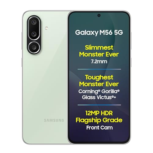 Samsung Samsung Galaxy M56 5G Mobile (Light Green,8GB RAM,128GB Storage)| Segment Slimmest | Gorilla Glass Victus+| 10 Bit HDR Video| 50MP Camera| AI | Vapour Cooling Chamber| Lag-free Gaming| Without Charger