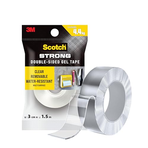 Scotch 3M Scotch Double Sided Gel Tape, Heavy Duty, Multi-Purpose, Transparent, Strong Grip Nano Tape, Holds Upto 4.4KG per mtr, Water Resistant, Removable, Multi-Surface, Re-usable, 1 Roll (3cmx1.5m)