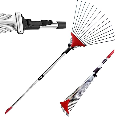 Sharpex Sharpex Telescopic Metal Leaf Rake, 31-62 Inch Adjustable Steel Handle, Heavy Duty Lawn & Yard Rake for Leaves, Grass, Debris & Roof Cleaning, Durable Outdoor Garden Tool, Red