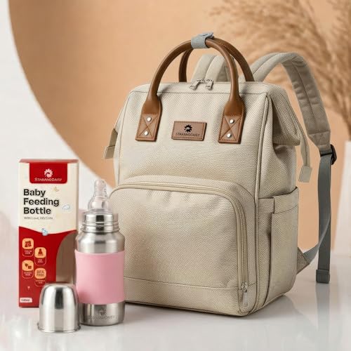 StarAndDaisy StarAndDaisy Maternity Diaper Bag & 140 ML Stainless Steel Baby Feeding Bottle Combo | Multi-Pocket Baby Travel Bag for Moms & Newborn Essentials Bundle
