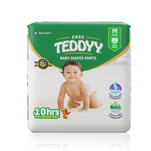TEDDYY TEDDYY Easy Baby M Size Diaper Pant Style | 74 Count (Medium) | 7–12 kg (Pack of 1) | Long Protection Hours | Anti-Bacterial | Airy Breathable Fit | Rapid Soaker Channels with Wetness Indicator