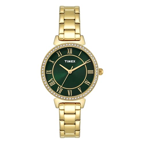 TIMEX TIMEX Analog Watch for Woman with Green Round Dial & Gold Stainless Steel Bracelet Band Water Resistant Women’s Wrist Watches – TWEL223SMU03